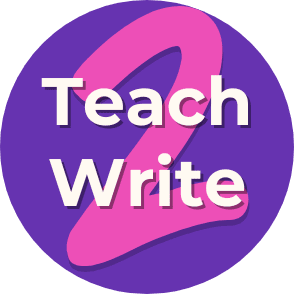 teach2write logo with purple background and in foreground teach write are in pale beige color with bright pink 2 behind the words
