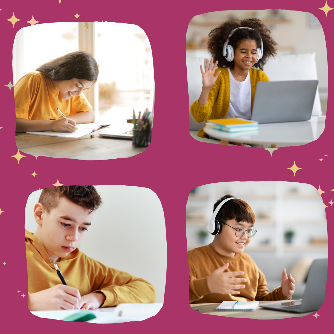 4 middle school students in front of laptop computers with headphones, writing