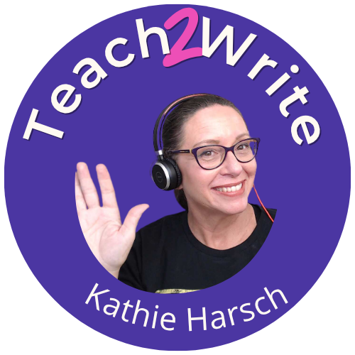 Teach2Write logo with Ms. Kathie smiling and waving and Kathie Harsch written below